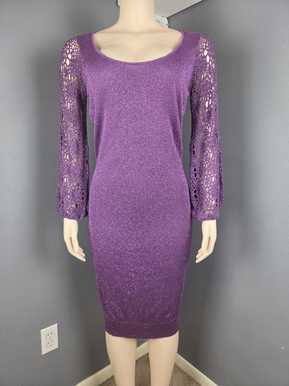 Newport News Metallic Purple Knit Midi Dress with Crochet Long Sleeves